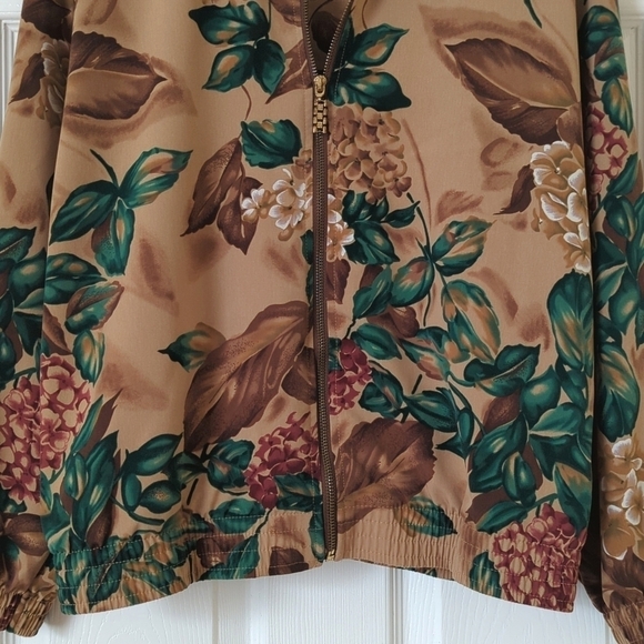 Teddi 90's Vintage Floral Printed Lightweight Silky Zip Up Jacket Brown Green SP - Picture 7 of 14